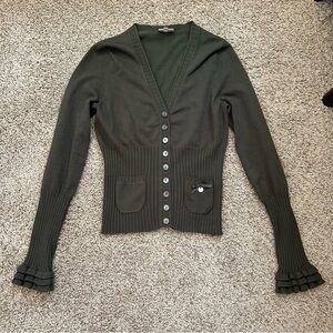 Karen Millen Olive Ruffle Button Front Cardigan Sweater